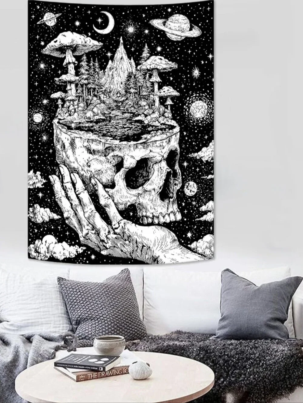 Hand Holding Skull Black White Mushroom Moon Dark Fantasy Goth Big Wall Tapestry